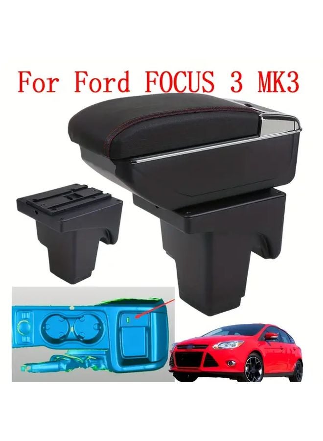 Ford Focus 3 Armrest Box Black Red Line No Drill Installation Sliding Panel Dual Layer Storage Rear Cup Holder - Image 1